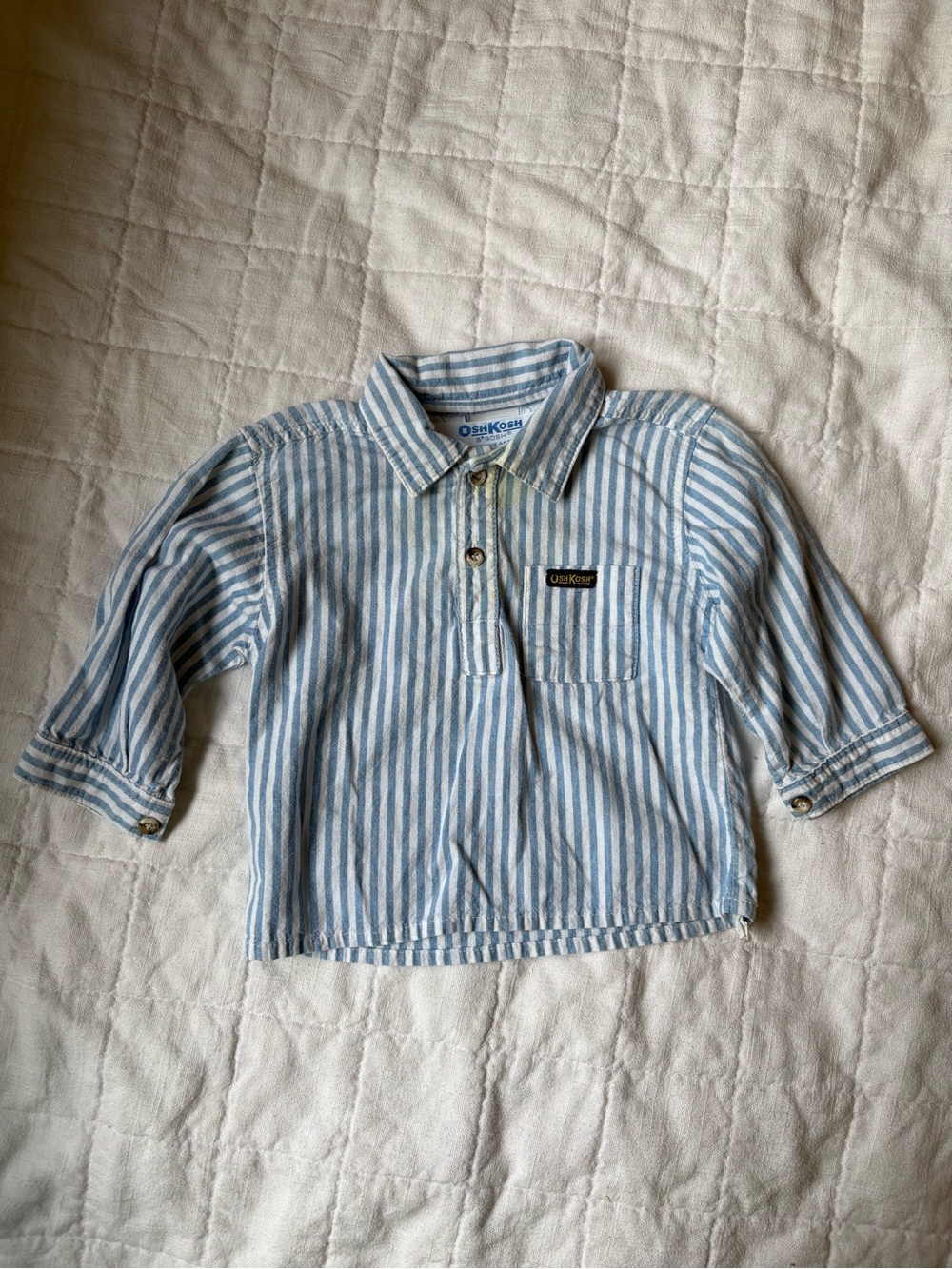 Vintage OshKosh Blue & White Striped Long-Sleeve Polo Shirt Baby Boy 12 Months